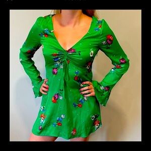 Free People Floral Green Bell Arm Mini Dress Sz Large